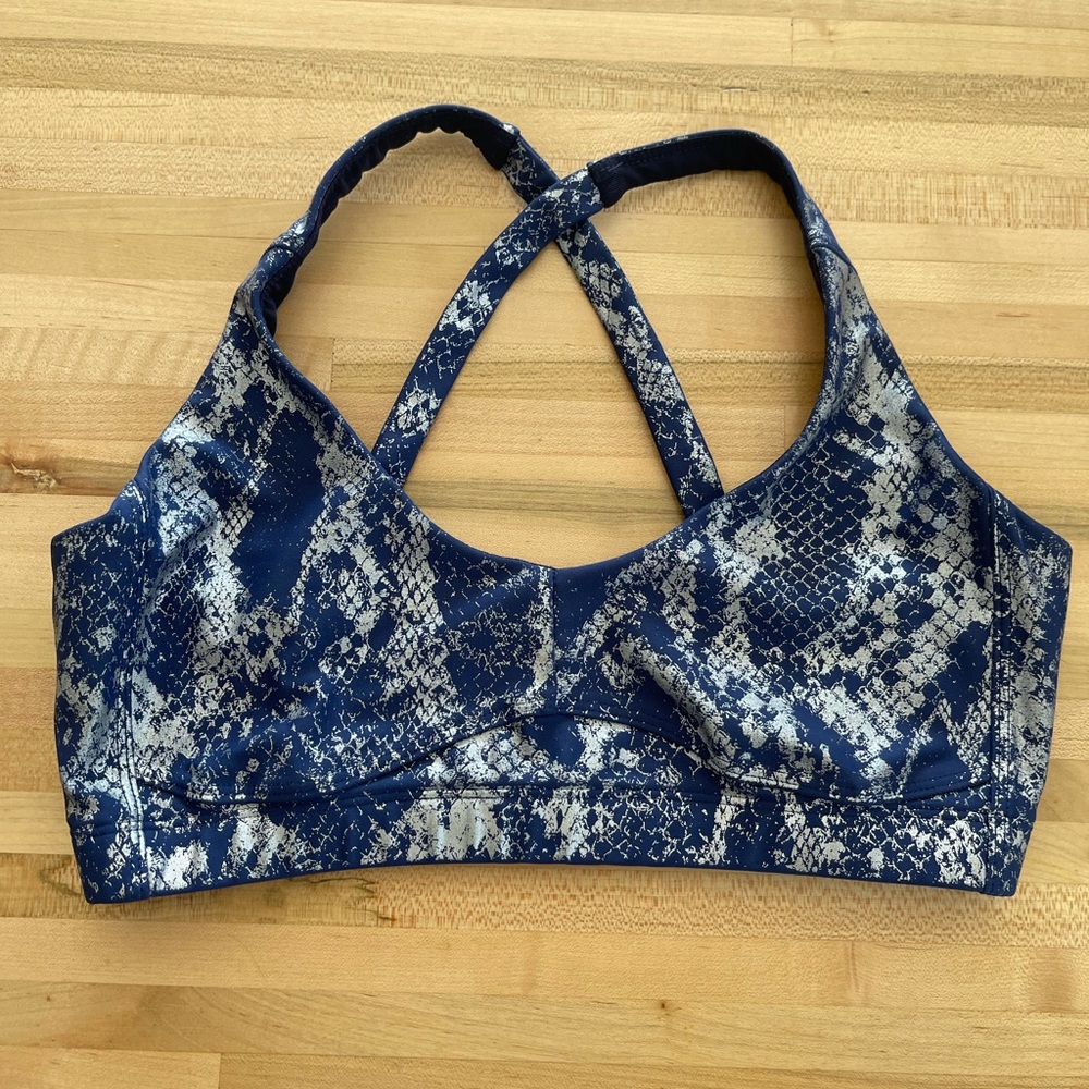 Navy blue sports bra with silver snake detail